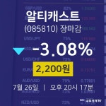 [상장주 주식시세] 7월 26일 알티캐스트 2200원으로 장 마감