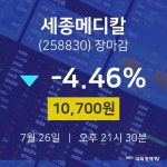[특징주분석 종목정보]  26일 세종메디칼 마감증시 10700원...