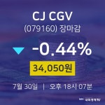 [특징주분석 주가정보] 7월 30일 CJ CGV 34050원으로 장 마감