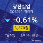 [특징주 주가정보]  30일 광진실업 마감증시 3270원...