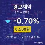 7월 31일 경보제약 주식주가 -0.70% 8500원 