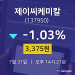 7월 31일 제이씨케미칼 오늘주식 -1.03% 3375원 
