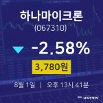 증권주식 하나마이크론 주가 1일  현재 3780원 