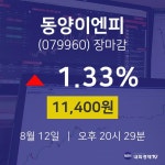 [특징주분석 종목정보] 8월 12일 동양이엔피 11400원으로 장 마감