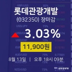 [특징주 종목정보]  13일 롯데관광개발 마감증시 11900원...