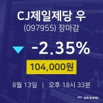 [특징주 종목정보]  13일 CJ제일제당 우 마감증시 104000원...