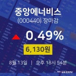 [특징주분석 주가정보]  13일 중앙에너비스 마감증시 6130원...
