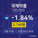 오늘주식시세 국제약품 주가 16일  현재 3740원 