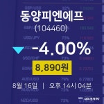 오늘증시 동양피엔에프 주가 16일  현재 8890원 