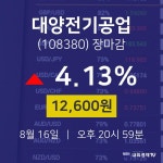 [인기종목 종목정보]  16일 대양전기공업 마감증시 12600원...