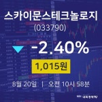 8월 20일 스카이문스테크놀로지 주식종목검색 -2.40% 1015원 