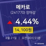 [특징주 종목정보]  21일 메카로 마감증시 14100원...