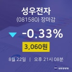 [인기종목 주가정보] 8월 22일 성우전자 3060원으로 장 마감