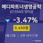 [인기종목 종목정보]  23일 메디파트너생명공학 마감증시 9450원...