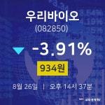주식증권 우리바이오 주가 26일  현재 934원 