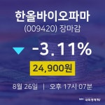 [특징주 매매동향] 8월 26일 한올바이오파마 24900원으로 장 마감