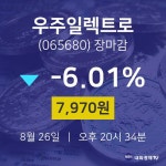 [특징주 종목정보]  26일 우주일렉트로 마감증시 7970원...