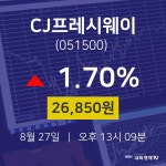 8월 27일 CJ프레시웨이 오늘주식시장 1.70% 26850원 