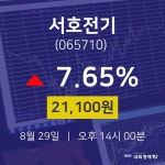 8월 29일 서호전기 주식실시간 7.65% 21100원