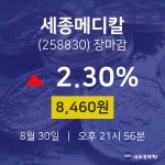 [인기주 주가정보]  30일 세종메디칼 마감증시 8460원...