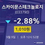 9월 9일 스카이문스테크놀로지 실시간증시 -2.88% 1010원