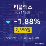 9월 9일 티플랙스 오늘증권시세 2350원  -1.88%