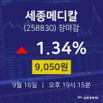 [인기주 주가정보]  16일 세종메디칼 마감증시 9050원...