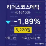 9월 23일 리더스코스메틱 주식증권 -1.89% 6220원