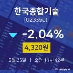 9월 25일 한국종합기술 증권플러스 -2.04% 4320원