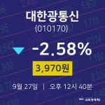 실시간주식현황 대한광통신 주가 27일  현재 3970원