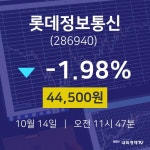10월 14일 롯데정보통신 주가그래프 44500원  -1.98%