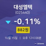 금일증시 대성엘텍 주가 15일  현재 882원