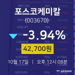 10월 17일 포스코케미칼 주식현재가 42700원  -3.94%