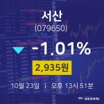 10월 23일 서산 주식시세현황 -1.01% 2935원