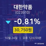 10월 24일 대한약품 주가그래프 -0.81% 30750원