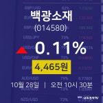 오늘주식시장 백광소재 주가 28일  현재 4465원