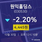 오늘주식장 원익홀딩스 주가 30일  현재 4445원