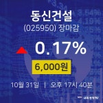 [특징주 주가정보] 10월 31일 동신건설 6000원으로 장 마감