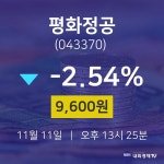11월 11일 평화정공 오늘증권시세 9600원  -2.54%