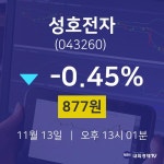 오늘주식장 성호전자 주가 13일  현재 877원