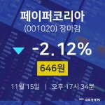 [특징주 매매동향] 11월 15일 페이퍼코리아 646원으로 장 마감