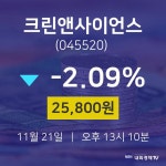 크린앤사이언스실시간주식현황  21일  현재 25800원