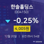 12월 20일 한솔홀딩스 투자주식 -0.25% 4005원