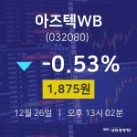 주식실시간 아즈텍WB 주가 26일  현재 1875원