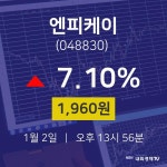 1월 2일 엔피케이 증권주식 7.10% 1960원