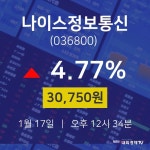 오늘주식 나이스정보통신 주가 17일  현재 30,750원