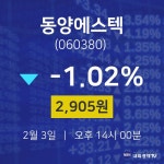 2월 3일 동양에스텍 오늘주식시세 -1.02% 2,905원