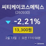 씨티케이코스메틱스오늘주식장  13일  현재 13,300원