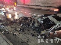 서울양양고속도로 춘천서 터널입구 충돌한 아우디 A8 엔진룸 폭발수준...운전자 부상