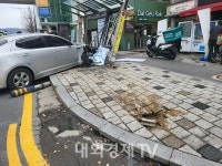 시내버스 기다리다 날벼락....승용차, 버스정류장 덮쳐 2명 부상